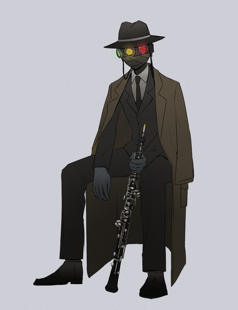 1boy, alloc_(project_moon), black_headwear, black_jacket, black_necktie, black_pants, brown_coat, coat
