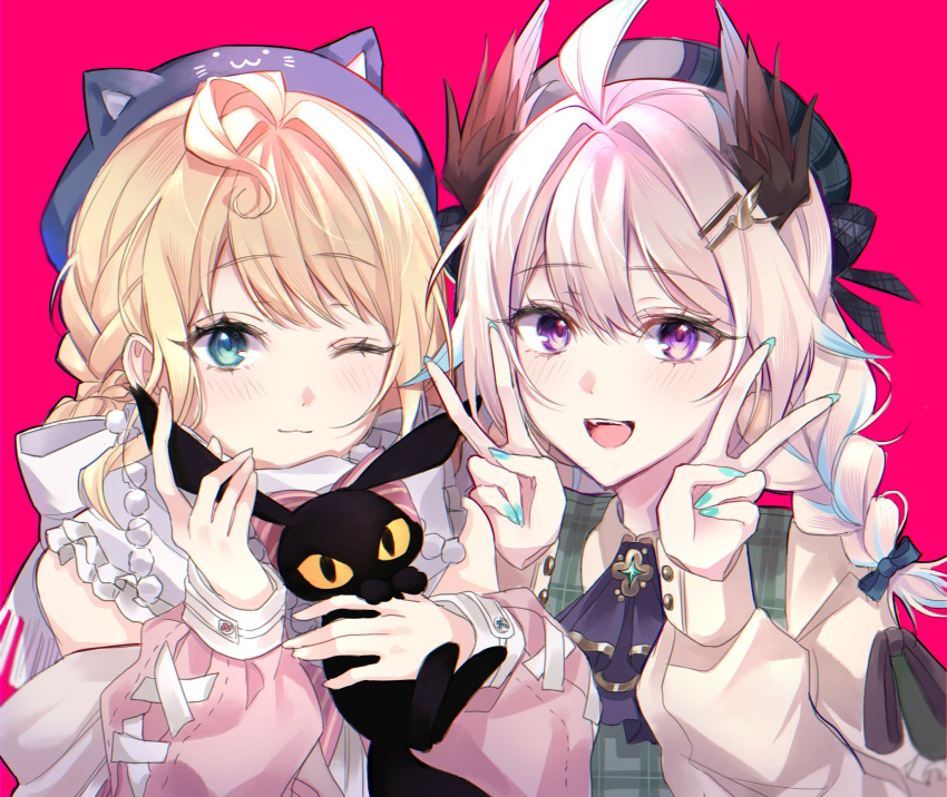 2girls, ahoge, animal_hat, beret, blonde_hair, blue_eyes, blue_hair, braid