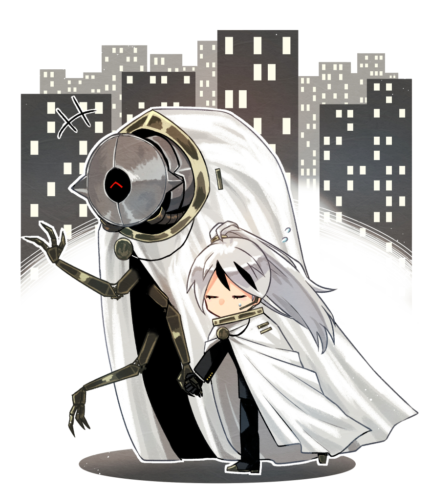 1boy, 1girl, ahoge, black_gloves, black_jacket, black_pants, brooch, cape