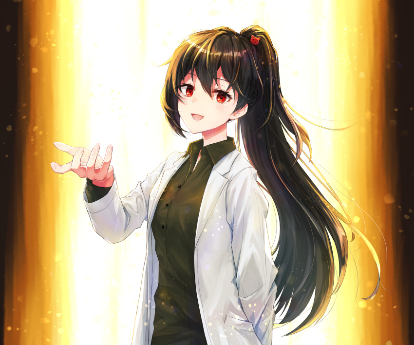 1girl, brown_hair, carmen_(project_moon), coat, collared_shirt, green_shirt, high_ponytail, highres