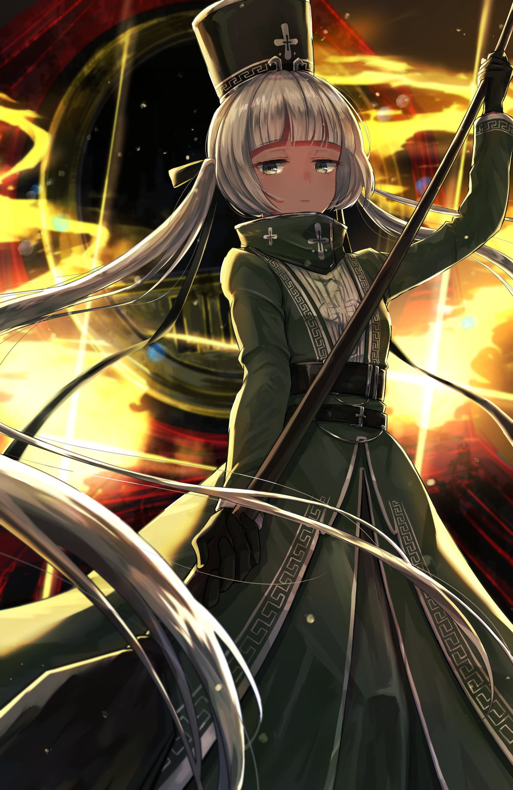 1girl, belt, black_belt, charon_(project_moon), closed_mouth, dress, fire, grey_dress, grey_eyes, grey_hair, hat, highres, holding, limbus_company, long_hair, looking_at_viewer, low_twintails, mephistopheles_(project_moon), project_moon, shako_cap, solo, twintails, very_long_hair, york0pm