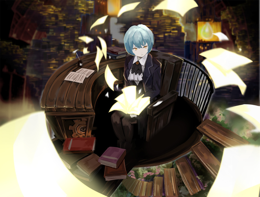 1girl, absurdres, angela_(project_moon), ascot, black_pantyhose, blue_coat, blue_hair, book, coat, fan_zhongli_cangshu, highres, indoors, inkwell, library, library_of_ruina, long_sleeves, pages, pantyhose, project_moon, quill, short_hair, sitting, solo, spiral_staircase, stairs, white_ascot, wing_collar