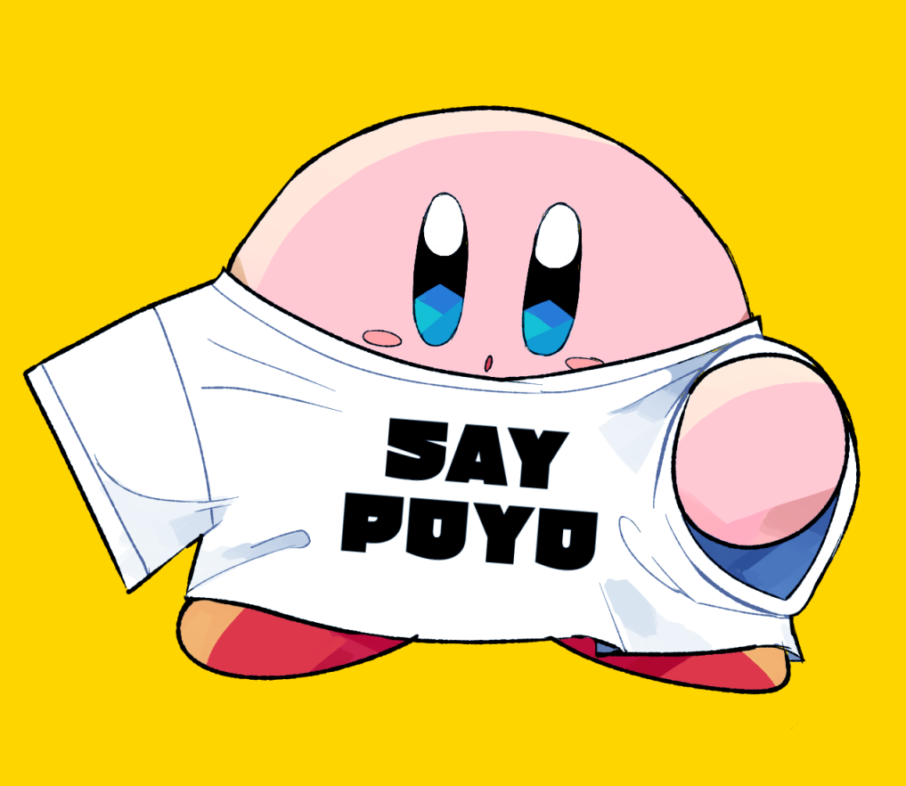 blush_stickers, clothes_writing, colored_skin, commentary_request, kirby, kirby_(series), looking_at_viewer, ni_re