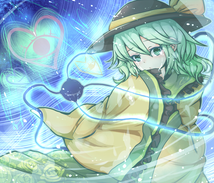 green_eyes, green_hair, hat, heart, komeiji_koishi, penya, solo, tears