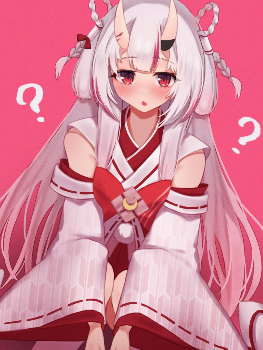 1girl, ?, blunt_bangs, bow, braid, detached_sleeves, fang, feet_out_of_frame