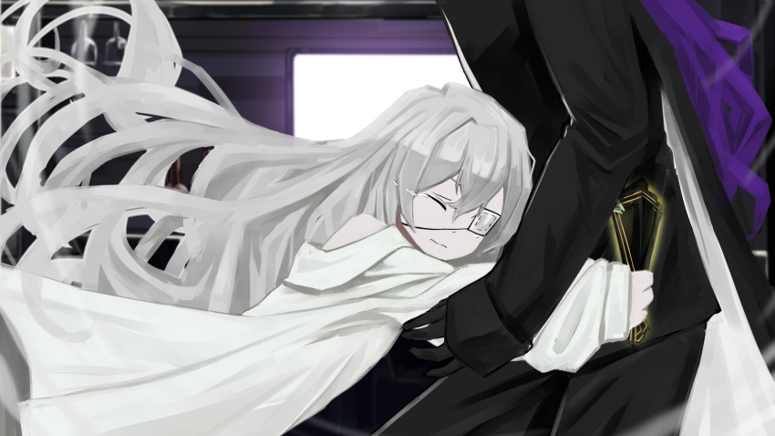 1girl, 1other, bare_shoulders, black_gloves, black_jacket, black_pants, closed_eyes, closed_mouth