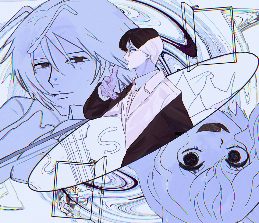 1other, 2boys, absurdres, antennae, black_eyes, chimera_ant, closed_mouth, door