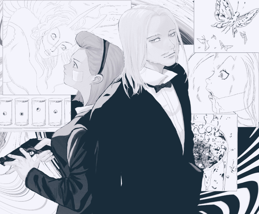 1boy, 1girl, absurdres, back-to-back, bow, bug, butterfly, drooling, eyeball, facial_hair, formal, glass, greyscale, gun, hair_slicked_back, hairband, highres, holding, holding_gun, holding_weapon, hunter_x_hunter, long_sleeves, miko_hxh, monochrome, mouth_drool, nen_beast, parted_bangs, short_hair, suit, theta_(hunter_x_hunter), tserriednich_hui_guo_rou, tserriednich_hui_guo_rou's_guardian_spirit_beast, weapon
