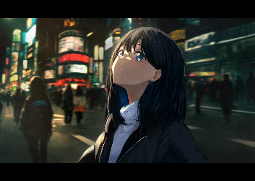 1girl, alternate_costume, black_hair, black_jacket, blue_eyes, city, gridman_universe, highres