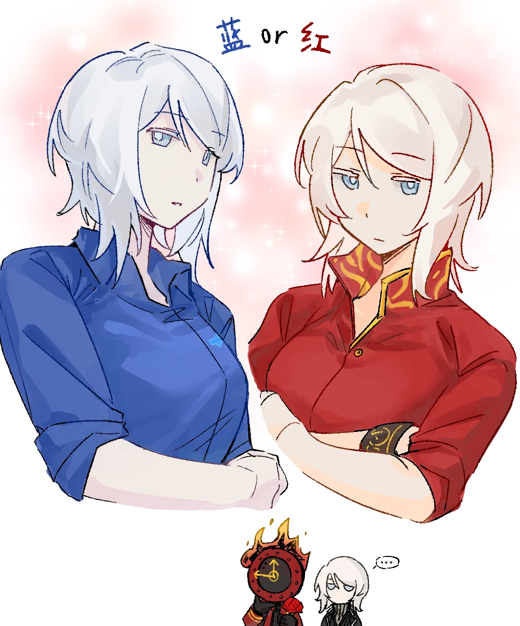 1other, 3girls, blue_eyes, blue_shirt, clock, closed_mouth, collared_shirt, dante_(limbus_company)