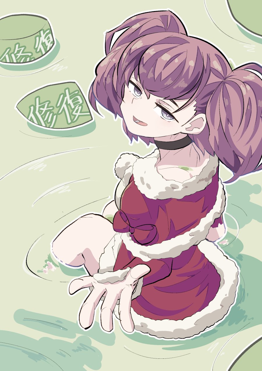 1girl, atlanta_(kancolle), brown_hair, from_above, fur-trimmed_skirt, fur_trim, grey_eyes, highres