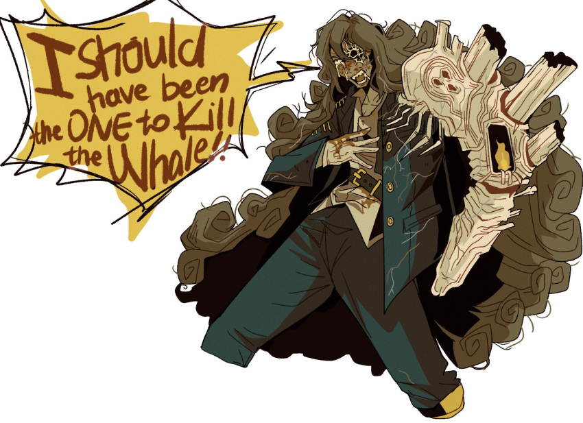 1girl, ahab_(project_moon), belt, belt_buckle, blue_jacket, blue_pants, brown_hair, buckle, collared_shirt, commentary, crazy, dark-skinned_female, dark_skin, e.g.o_(project_moon), english_text, fire, gauntlets, gloves, highres, jacket, limbus_company, long_hair, military_jacket, military_uniform, missing_eye, pants, peg_leg, project_moon, rwttghqql, saliva, shirt, simple_background, single_gauntlet, single_glove, solo, speech_bubble, tears, uniform, wavy_hair, white_background, white_gloves, white_shirt