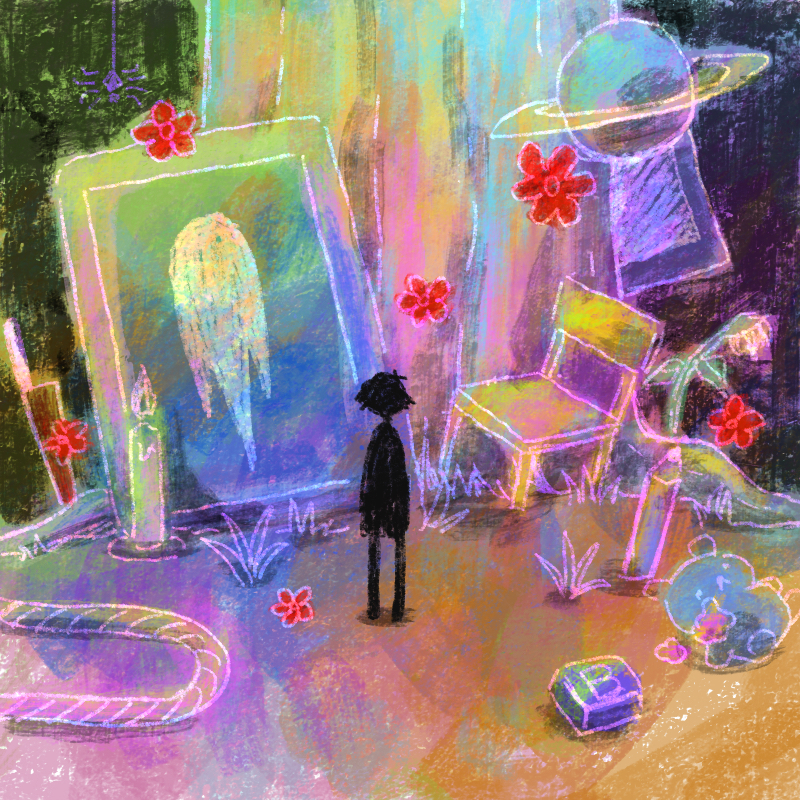 1boy, candle, chair, colorful, flower, grass, keyboard_(computer), knife, light_bulb, male_focus, multicolored_background, omori, picture_frame, planet, red_flower, rope, short_hair, silhouette, solo, something_(omori), standing, stranger_(omori), stuffed_animal, stuffed_toy, sun_iiinu, teddy_bear, tree