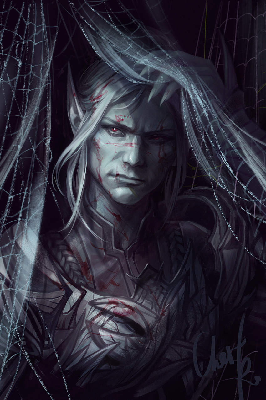 1girl, absurdres, arm_up, armor, artist_name, baldur's_gate, baldur's_gate_3, black_background
