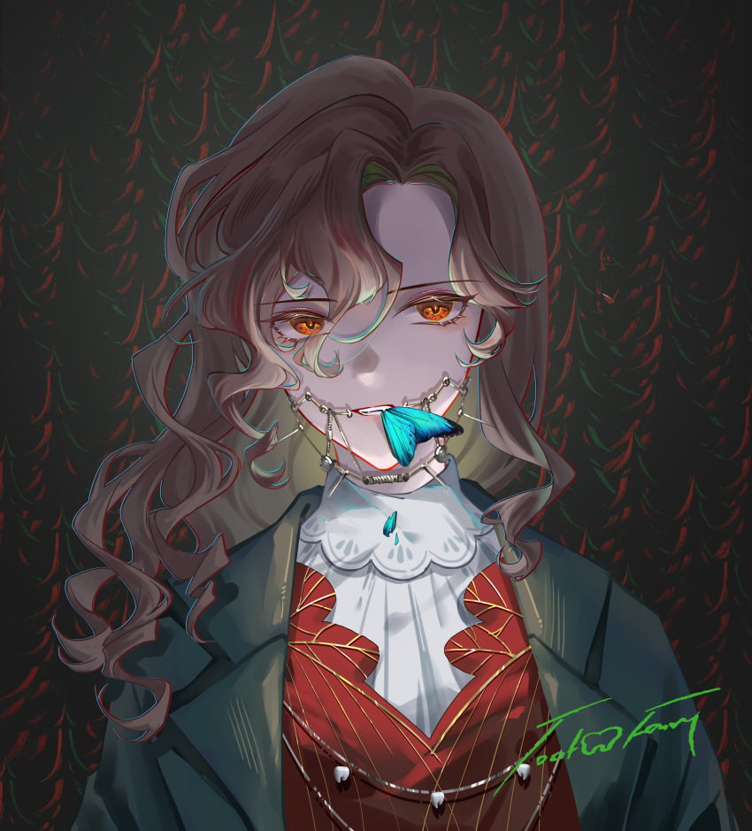 1girl, absurdres, blue_butterfly, braces, brown_eyes, brown_hair, bug, butterfly, character_name, chinese_commentary, chromatic_aberration, coat, commentary_request, eating_bugs, english_text, fang, green_coat, highres, long_hair, looking_at_viewer, parted_lips, red_shirt, reverse:1999, shirt, solo, tingjiuzhuozhu, tooth_fairy_(reverse:1999), upper_body, white_shirt