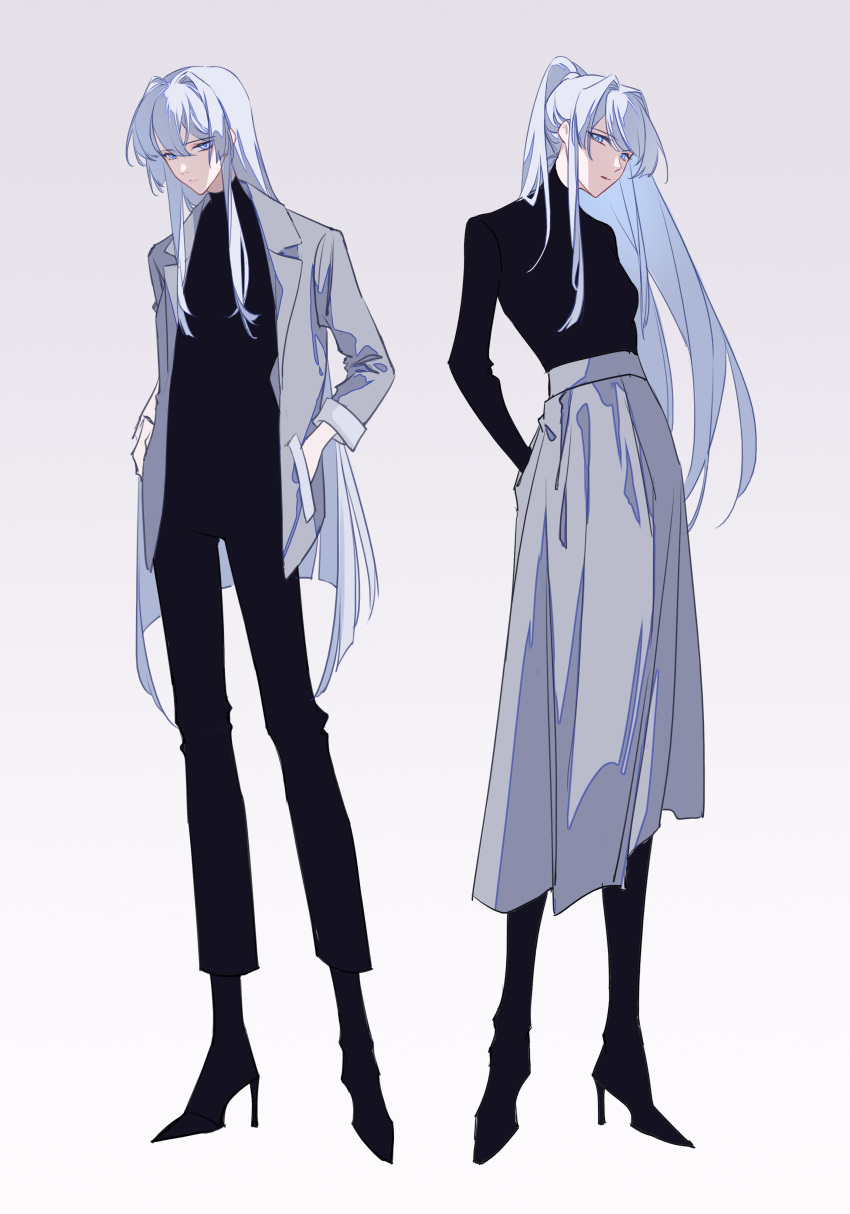 1girl, absurdres, black_footwear, black_pants, black_sweater, blue_eyes, chinese_commentary, closed_mouth