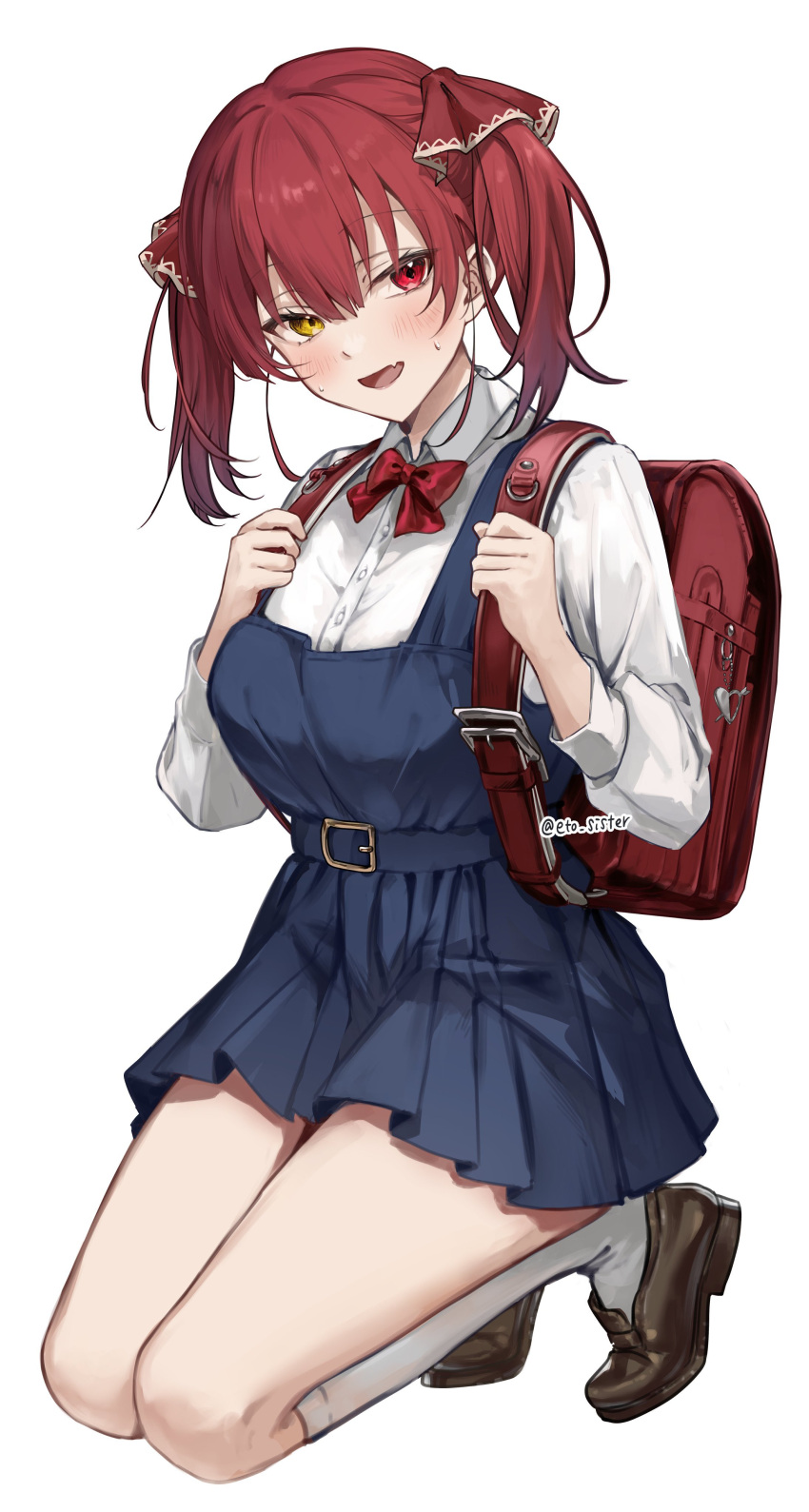 1girl, :d, absurdres, backpack, bag, belt, blue_dress, blush, breasts, brown_footwear, cosplay, dress, eto_sister, fang, heterochromia, highres, hololive, houshou_marine, indie_virtual_youtuber, kneehighs, kneeling, loafers, looking_at_viewer, pleated_dress, randoseru, red_eyes, redhead, school_bag, shigure_ui_(vtuber), shigure_ui_(vtuber)_(cosplay), shirt, shoes, simple_background, skin_fang, smile, socks, twintails, virtual_youtuber, white_background, white_shirt, white_socks, yellow_eyes