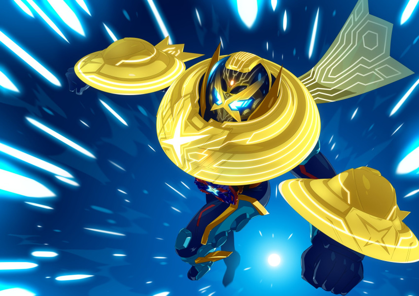 1boy, alternate_costume, alternate_eye_color, ankle_fins, armor, blue_bodysuit, blue_eyes, bodysuit
