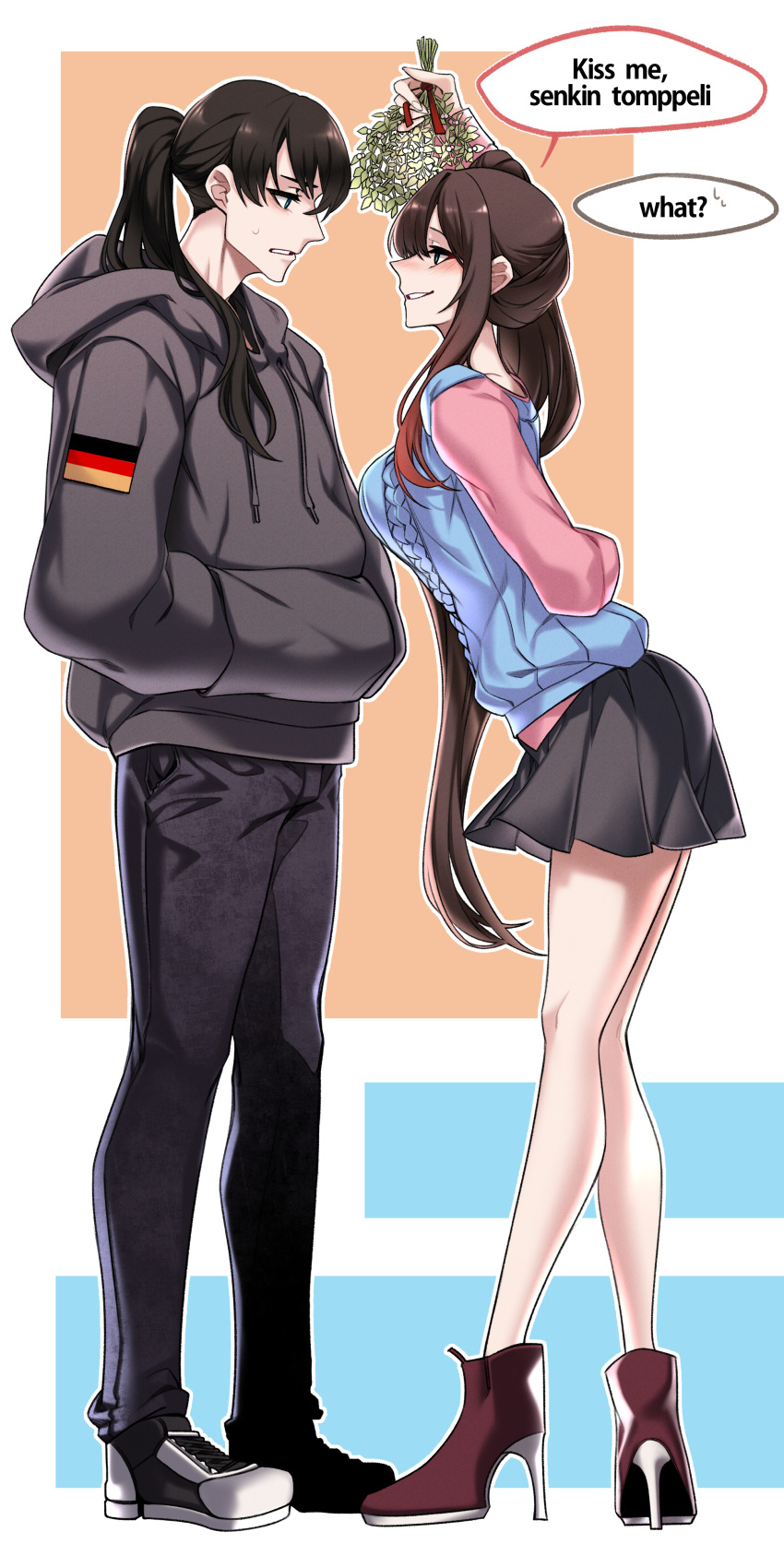 1boy, 1girl, absurdres, arm_behind_back, arm_up, black_footwear, black_pants, black_skirt