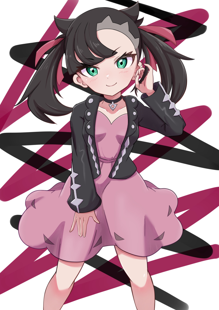 1girl, absurdres, asymmetrical_bangs, asymmetrical_hair, black_choker, black_hair, black_jacket, breasts, choker, closed_mouth, cowboy_shot, dress, green_eyes, hair_ribbon, highres, holding_own_hair, jacket, looking_at_viewer, marnie_(pokemon), open_clothes, open_jacket, patterned_background, pink_dress, pink_ribbon, pokemon, pokemon_swsh, ribbon, rono_(lethys), small_breasts, smile, solo, twintails, white_background