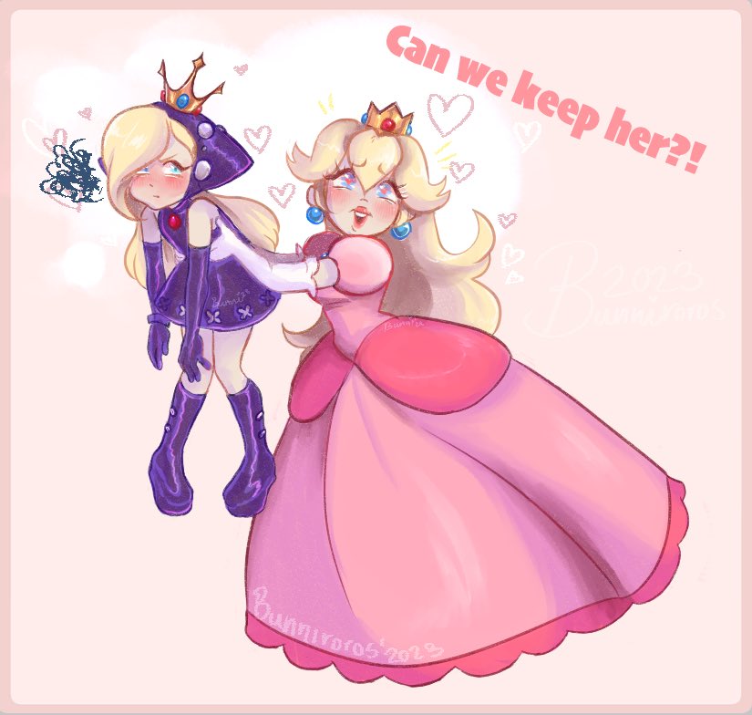 2023, 2girls, :t, animal_ears, annoyed, bare_shoulders, blonde_hair, blue_eyes, boots, brooch, bunniroros, carrying, carrying_person, cat_ears, crown, dated, dress, earrings, elbow_gloves, gloves, hair_between_eyes, hair_over_one_eye, heart, heart-shaped_pupils, height_difference, jewelry, knee_boots, long_eyelashes, long_hair, looking_at_viewer, mini_crown, multiple_girls, petite, pigeon-toed, pink_background, pink_dress, pink_lips, pout, princess_peach, puffy_short_sleeves, puffy_sleeves, purple_dress, purple_footwear, purple_gloves, short_sleeves, so_moe_i'm_gonna_die!, sphere_earrings, squiggle, straight_hair, super_mario_bros., symbol-shaped_pupils, warupeach, wavy_hair, white_gloves