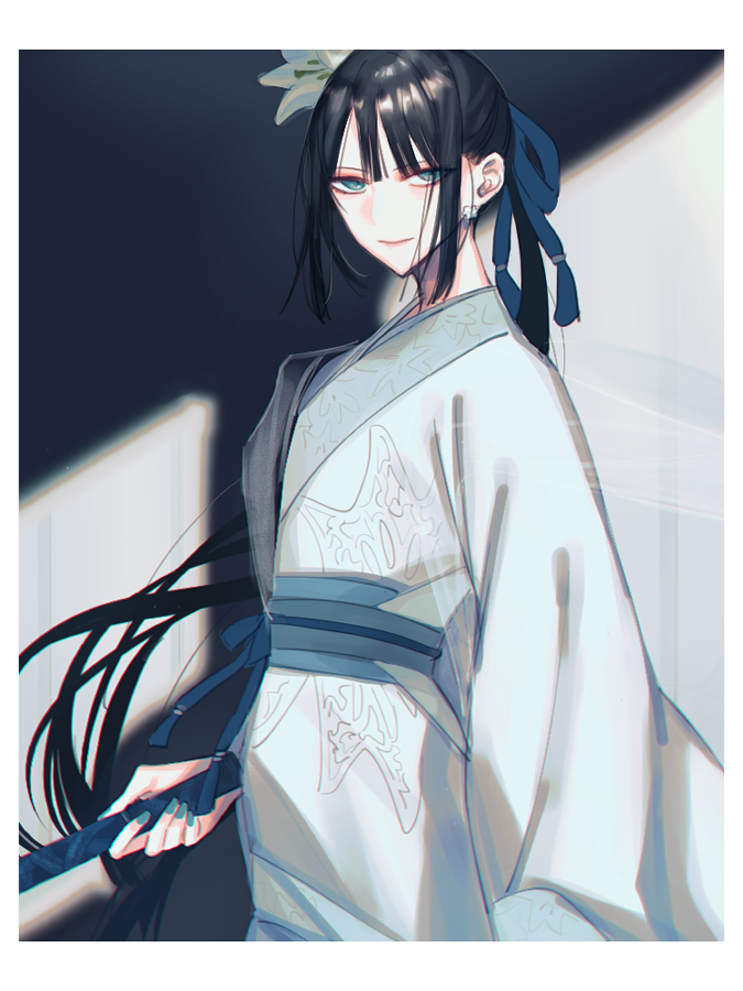 1girl, aqua_eyes, aqua_nails, black_hair, blue_bow, blue_nails, blunt_bangs, border