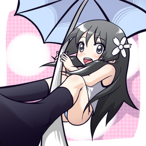 black_eyes, black_hair, casual, flower, hair_flower, hair_ornament, long_hair, moja_(gibson), panties, pantyshot, saten_ruiko, socks, solo, striped, striped_panties, tank_top, to_aru_kagaku_no_railgun, to_aru_majutsu_no_index, umbrella, underwear