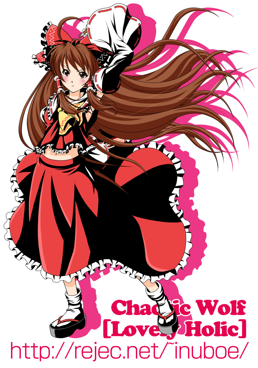 :<, absurdres, arm_up, bow, brown_eyes, brown_hair, cureyon, detached_sleeves
