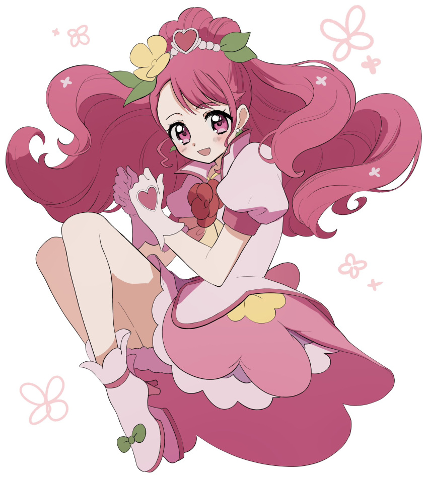 1girl, :d, choker, cure_grace, dress, earrings, flower, gloves, hair_flower, hair_ornament, hanadera_nodoka, healin'_good_precure, heart, heart_hair_ornament, highres, jewelry, kamogawa140, layered_skirt, leaf_earrings, long_hair, magical_girl, open_mouth, pink_choker, pink_dress, pink_eyes, pink_hair, precure, puffy_sleeves, skirt, smile, solo