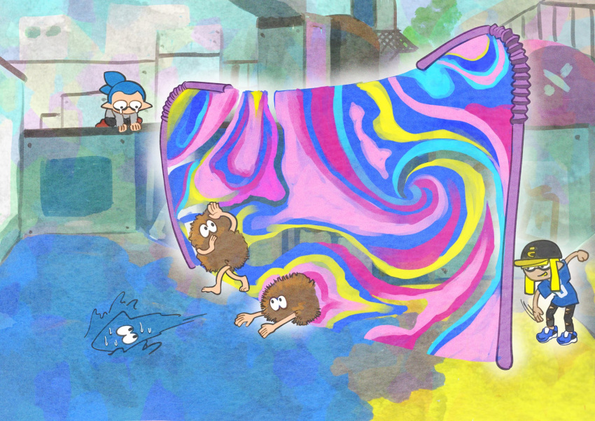 1boy, 1girl, 3others, baseball_cap, black_pants, blonde_hair, blue_footwear, blue_hair, blue_shirt, blunt_bangs, blunt_ends, brown_fur, crying, crying_with_eyes_open, falling, fleeing, fuzzy_ooze, gameplay_mechanics, gokigenfriday, hat, highres, inkling, kneeling, looking_down, multiple_others, nervous_sweating, pants, pointy_ears, shirt, shoes, sneakers, splatoon_(series), splatoon_3, squid, sweat, swimming, teardrop, tears, tentacle_hair, torn_clothes, torn_pants, transformation, tripping