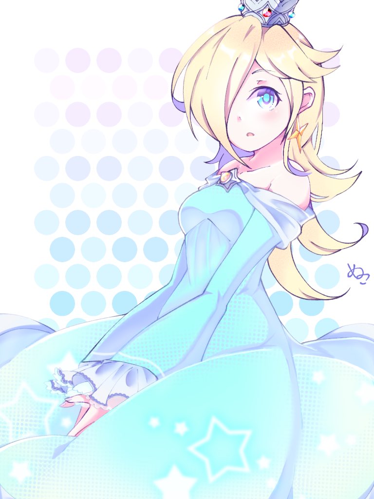 1girl, blonde_hair, blue_dress, blue_eyes, brooch, crown, dress, earrings