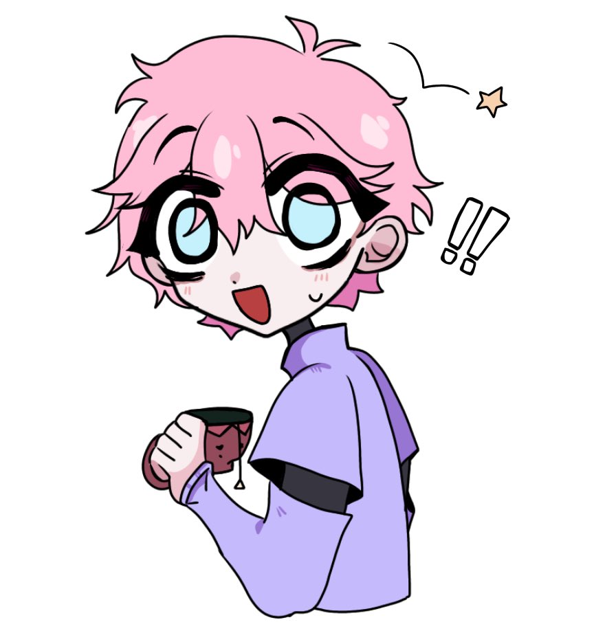 !, ahoge, black_sleeves, black_undershirt, blue_eyes, blush, cup, detached_sleeves, hair_between_eyes, holding, holding_cup, jinja_yagi, jinja_yagi_(vtuber), looking_at_viewer, messy_hair, pink_hair, star_(symbol), surprised, sweatdrop, tea, teacup, turtleneck, virtual_youtuber, vsera