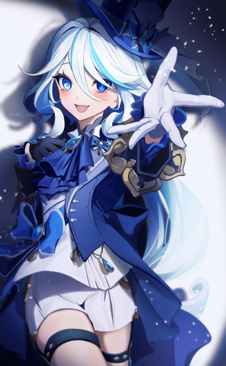 1girl, :d, ahoge, artist_name, ascot, asymmetrical_gloves, black_gloves, blue_ascot