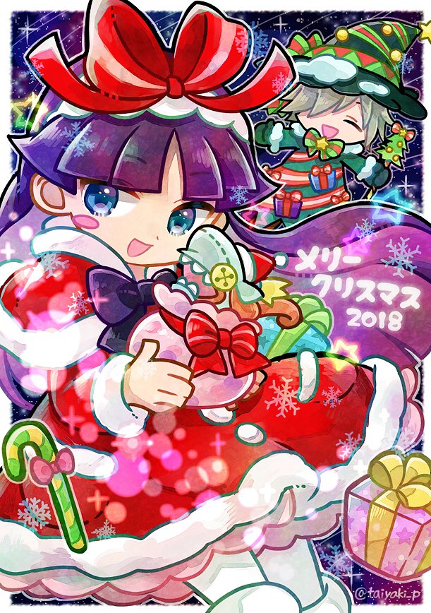 1boy, 1girl, baldanders_(puyopuyo), blue_eyes, blush_stickers, border, bow, candy
