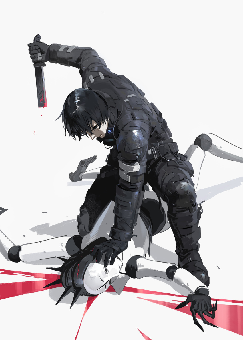 1boy, absurdres, black_bodysuit, black_hair, blame!, bodysuit, cyberpunk, damaged