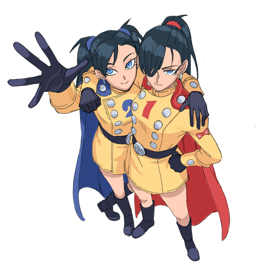 2girls, arm_around_shoulder, belt, black_gloves, blue_cape, blue_eyes, cape, commentary