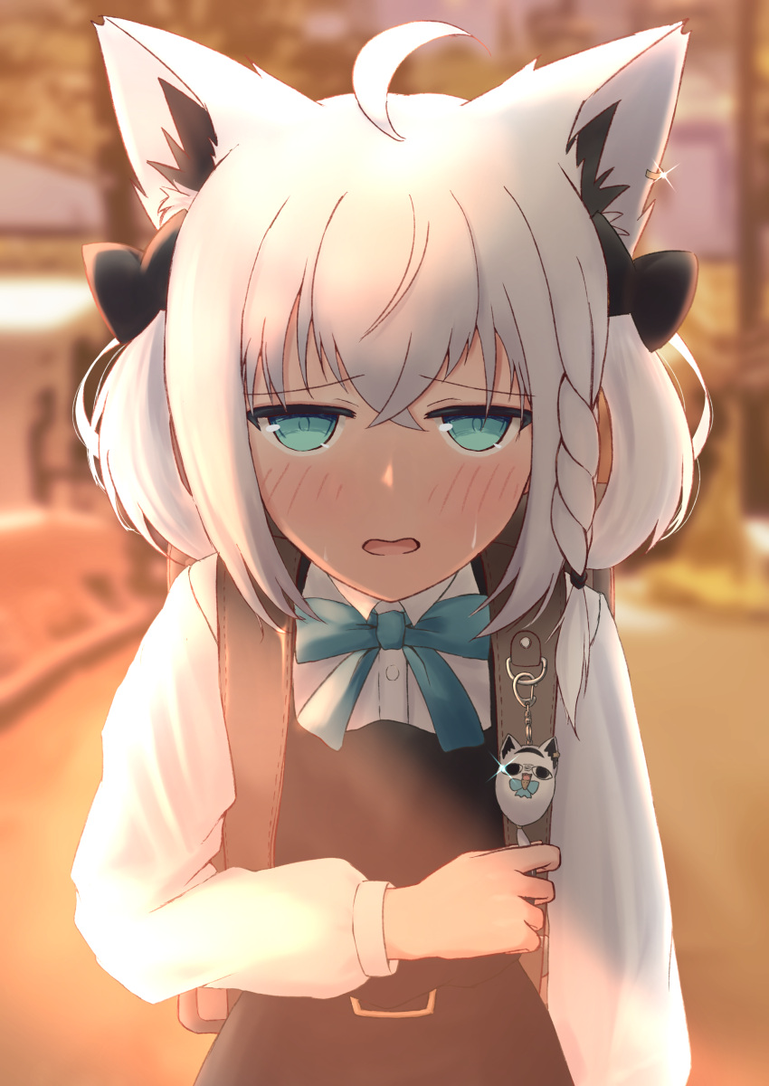 1girl, absurdres, ahoge, animal_ear_fluff, animal_ears, backpack, bag, black_bow