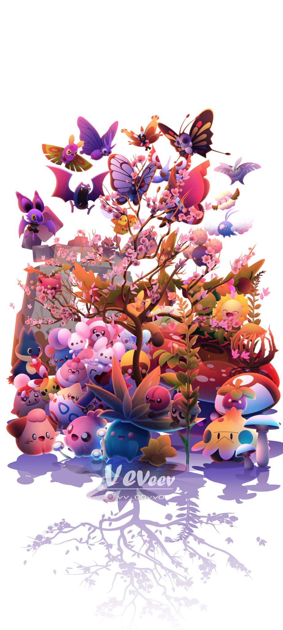 alolan_geodude, animal_focus, arboliva, artist_name, azurill, bat_(animal), beautifly, bird