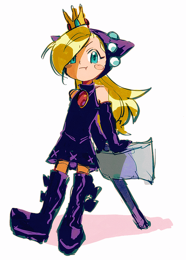 1girl, arms_behind_back, axe, bare_shoulders, black_dress, black_footwear, blonde_hair, blue_eyes