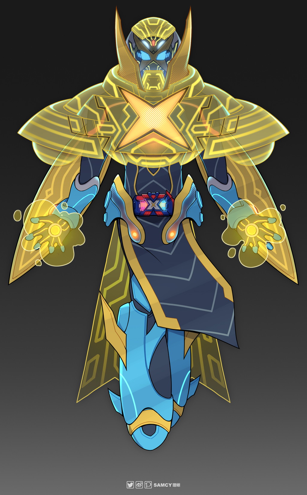 1boy, alternate_costume, alternate_eye_color, ankle_fins, armor, blue_bodysuit, blue_eyes, bodysuit