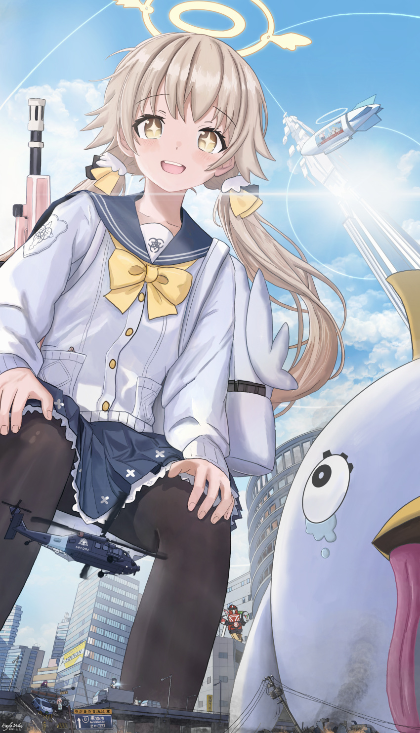 1girl, absurdres, assault_rifle, backpack, bag, black_pantyhose, blue_archive, blue_sailor_collar
