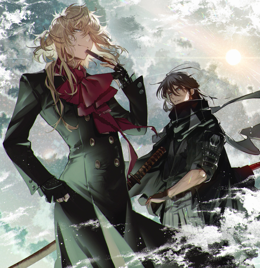 2boys, armor, black_coat, black_gloves, black_hair, black_jacket, black_kimono, black_scarf