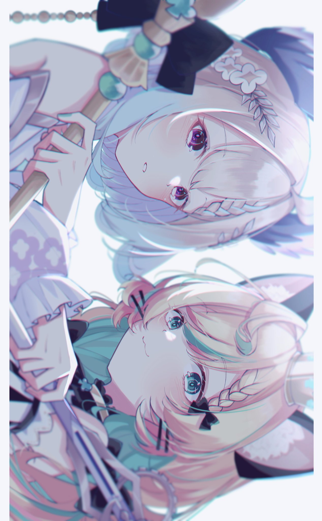 2girls, :3, animal_ears, bare_shoulders, black_bow, blonde_hair, blue_hair, blue_nails