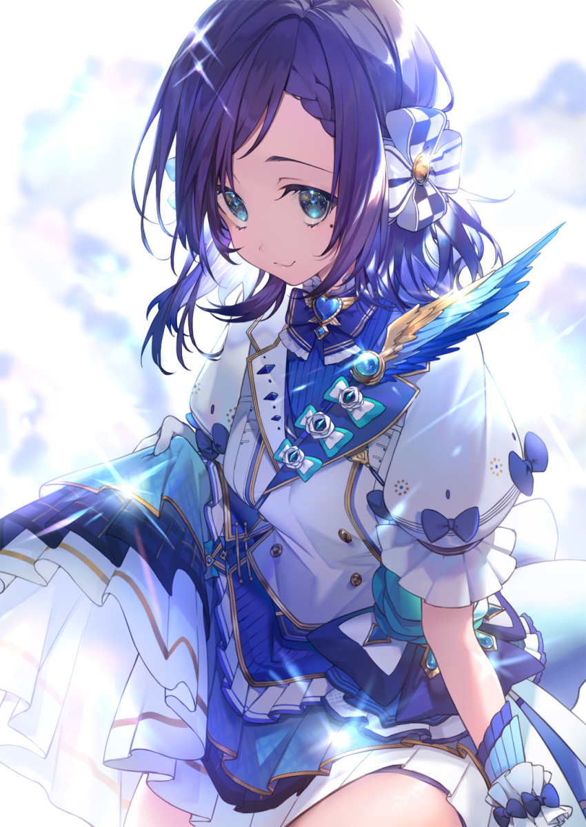 1girl, aiba_uiha, aiba_uiha_(1st_costume), amana_(pocketkey), blue_eyes, blue_shirt, blue_skirt, buttons
