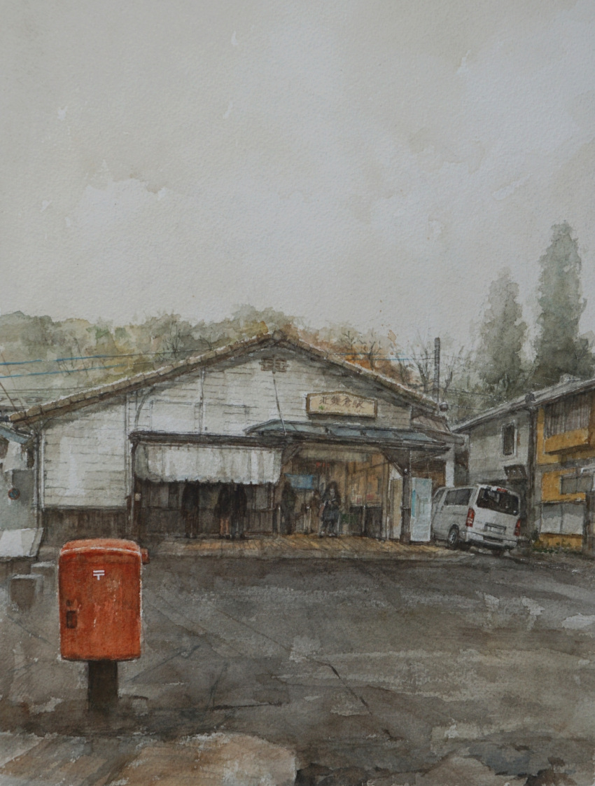 6+others, building, grey_sky, highres, motor_vehicle, multiple_others, original, painting_(medium), power_lines, realistic, road, scenery, shiki4winter, sign, sky, street, traditional_media, utility_pole, van, watercolor_(medium)