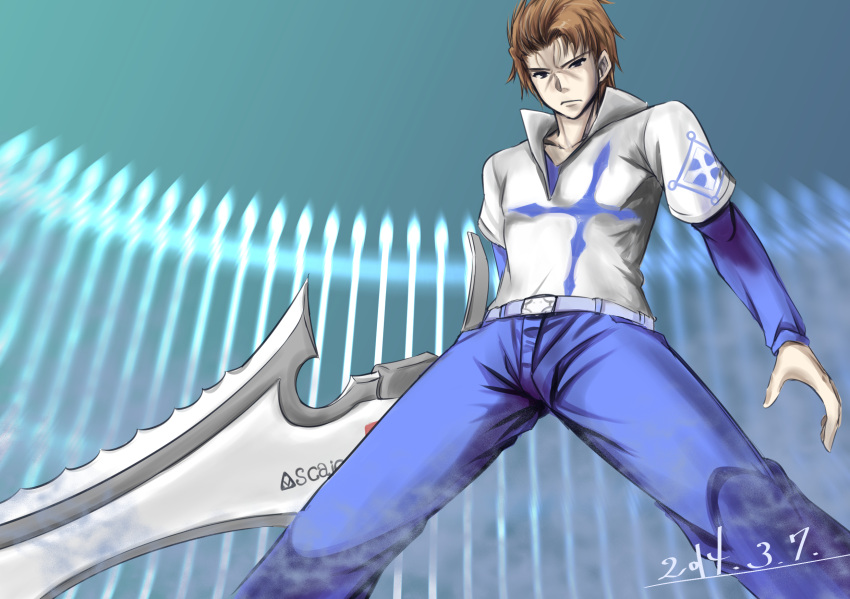 1boy, acqua_of_the_back, ascalon, belt, blue_pants, blue_shirt, blue_theme, brown_hair, closed_mouth, commentary, dated, feet_out_of_frame, from_below, highres, holding, holding_sword, holding_weapon, huge_weapon, legs_apart, long_sleeves, looking_at_viewer, mu-_(tel445566), pants, shirt, short_sleeves, solo, standing, sword, toaru_majutsu_no_index, toaru_majutsu_no_index:_old_testament, weapon, white_shirt