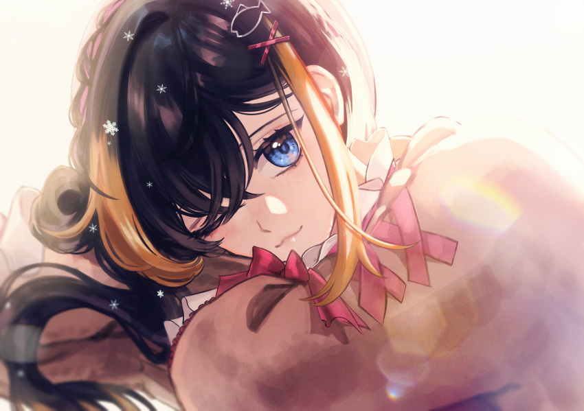 1girl, absurdres, black_hair, blonde_hair, blue_eyes, brown_jacket, fish_hair_ornament, hair_ornament