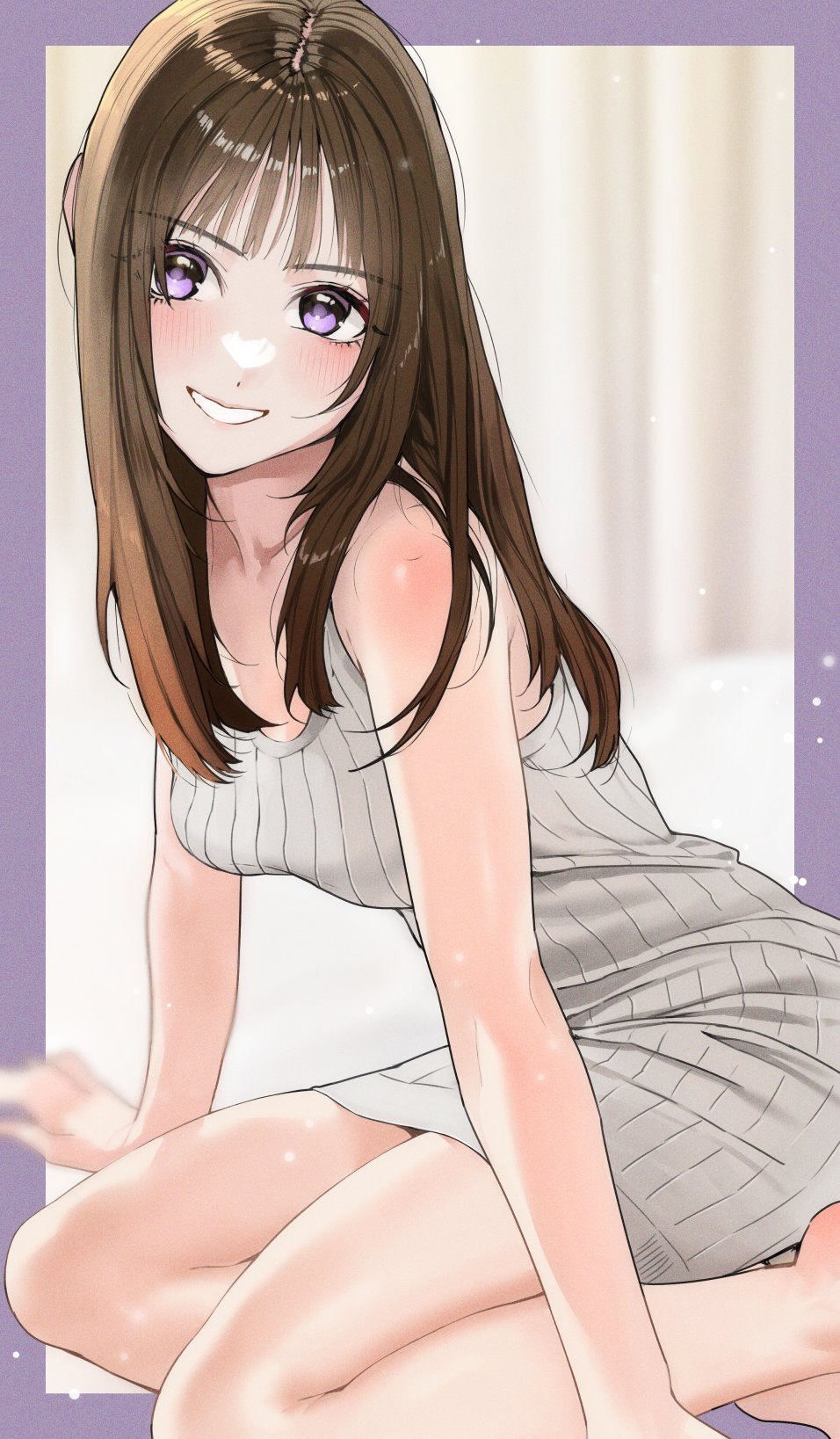 blush, brown_hair, highres, hinatazaka46, kosaka_nao, long_hair, nzenzenzenze, real_life, simple_background, sitting, smile, violet_eyes