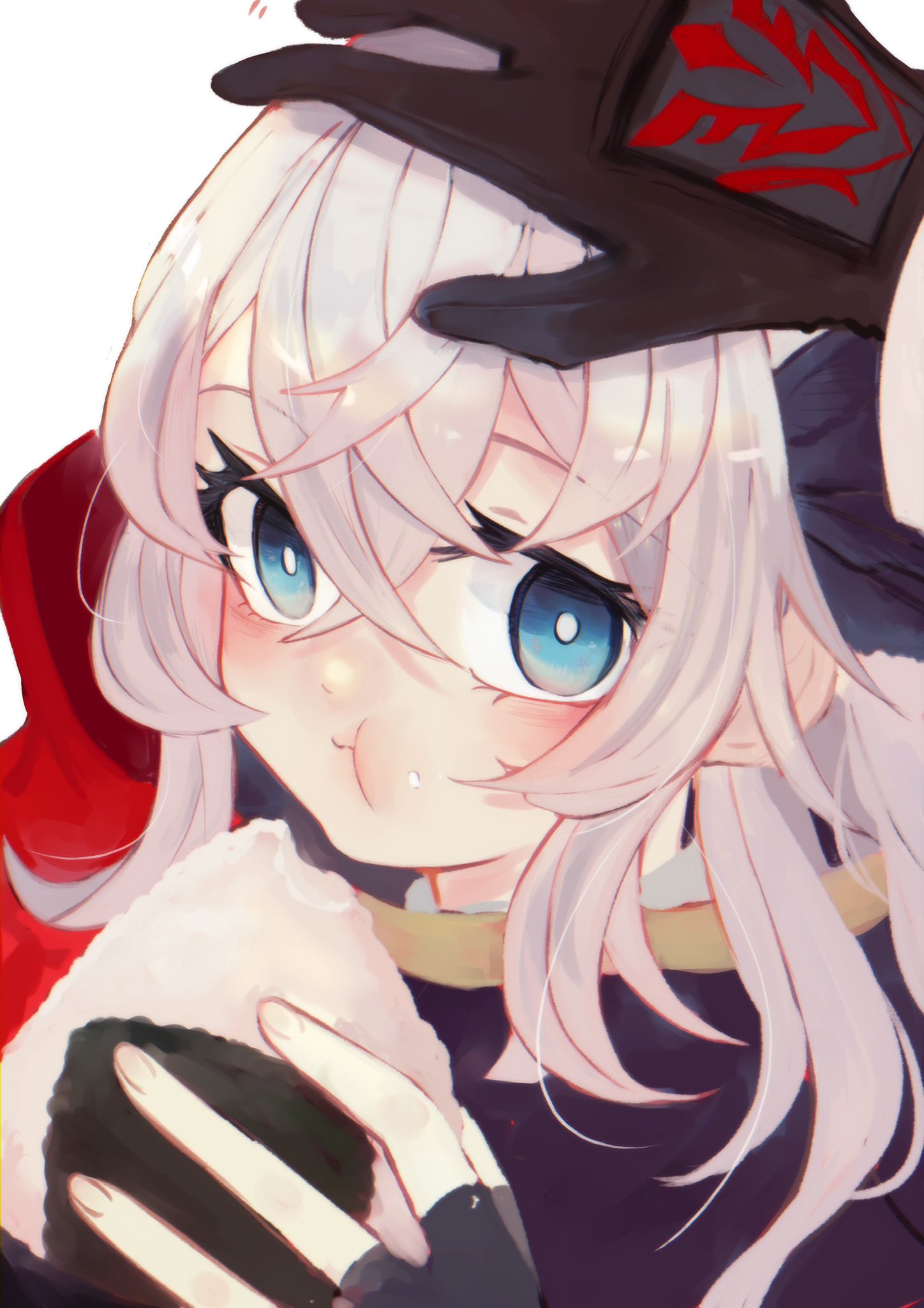 1girl, black_gloves, blue_eyes, command_spell, eating, fate/grand_order, fate_(series), food