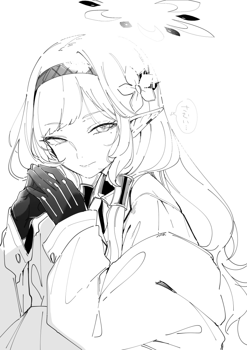 1girl, absurdres, black_gloves, blue_archive, closed_mouth, commentary_request, flower, gloves